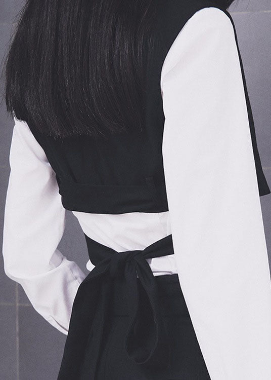 Black V Neck Tie Waist Button Vest Spring