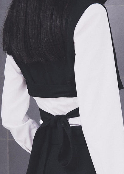 Black V Neck Tie Waist Button Vest Spring