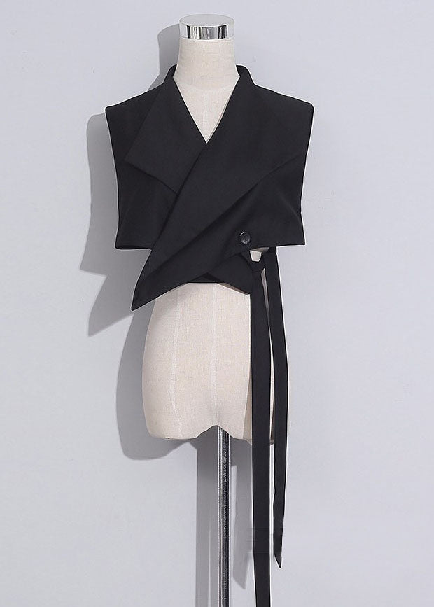 Black V Neck Tie Waist Button Vest Spring