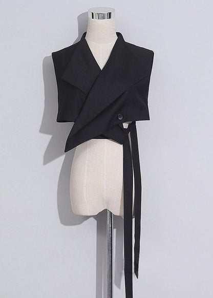 Black V Neck Tie Waist Button Vest Spring