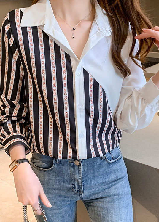 Black White Peter Pan Collar Button Striped Patchwork Chiffon Shirt Tops Long Sleeve