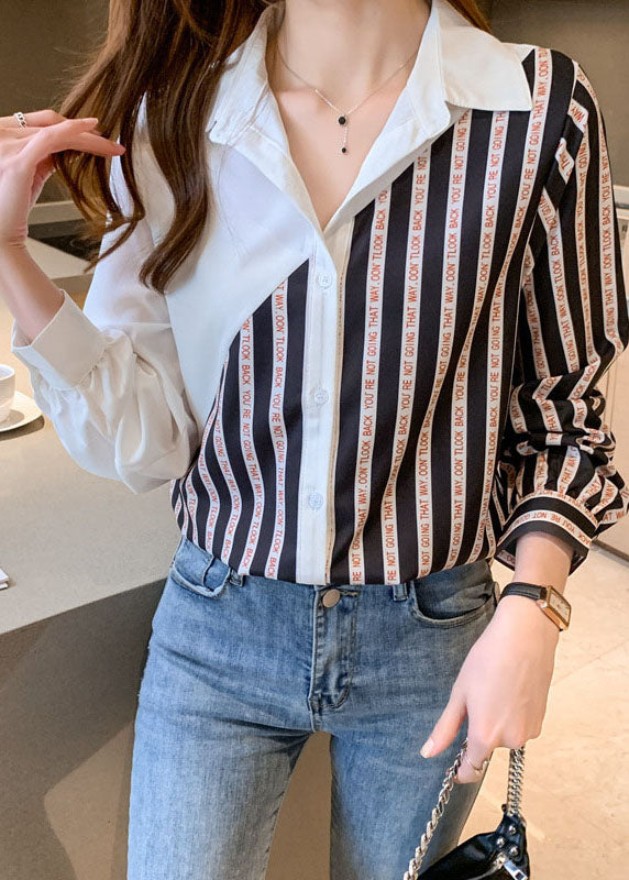 Black White Peter Pan Collar Button Striped Patchwork Chiffon Shirt Tops Long Sleeve
