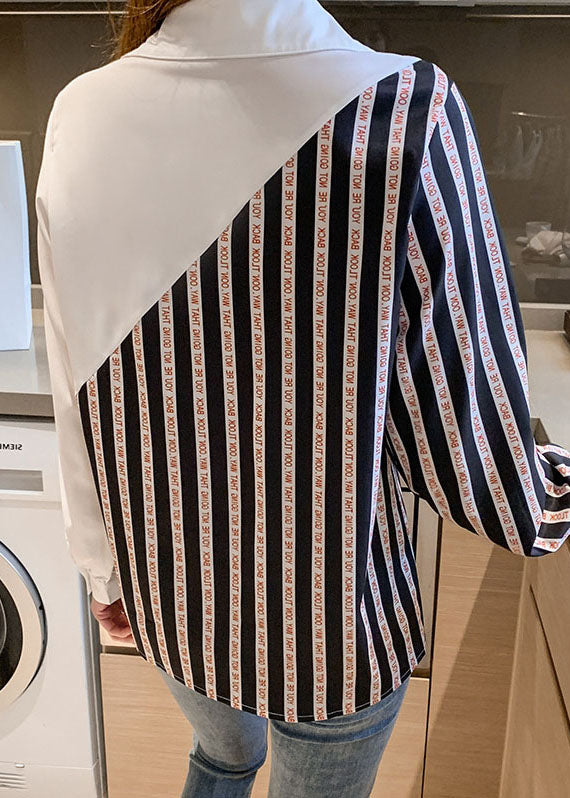 Black White Peter Pan Collar Button Striped Patchwork Chiffon Shirt Tops Long Sleeve