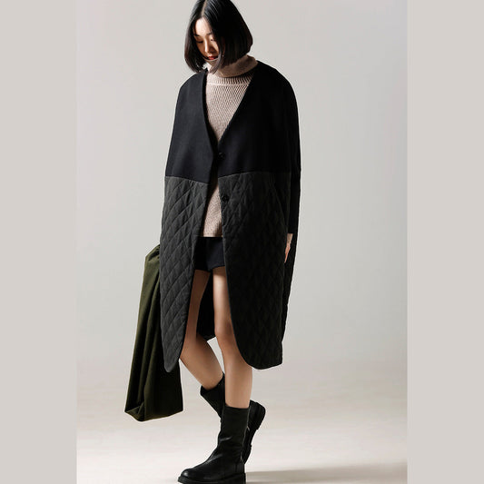 Black Wool Jackets Winter Coat Patchwork Coats V Neck