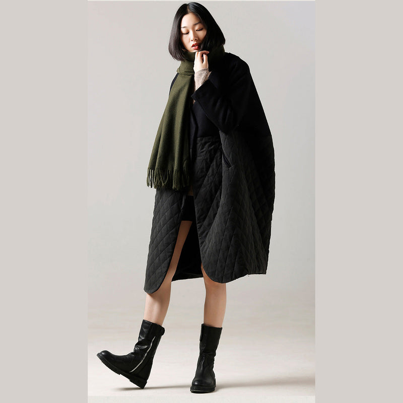Black Wool Jackets Winter Coat Patchwork Coats V Neck