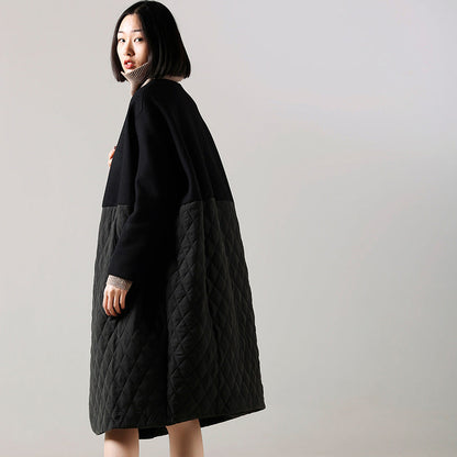 Black Wool Jackets Winter Coat Patchwork Coats V Neck