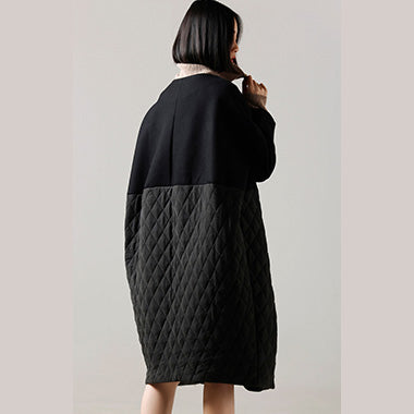 Black Wool Jackets Winter Coat Patchwork Coats V Neck