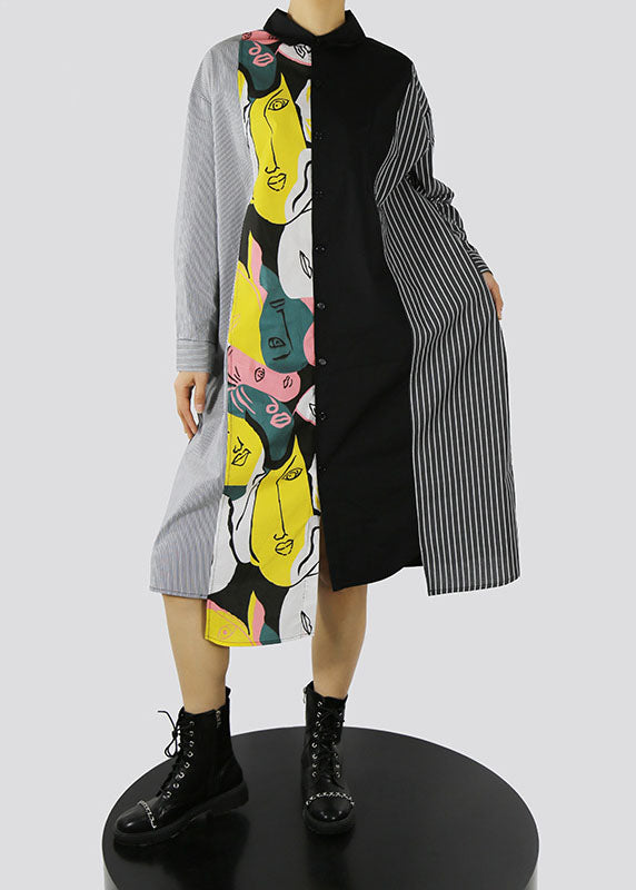 Black Asymmetrical Design Peter Pan Collar Print Patchwork Shirt Dress Spring