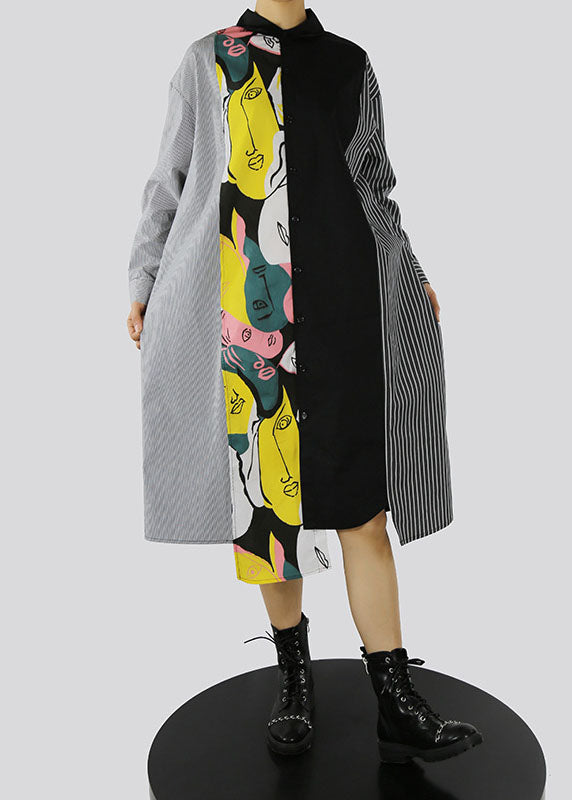 Black Asymmetrical Design Peter Pan Collar Print Patchwork Shirt Dress Spring