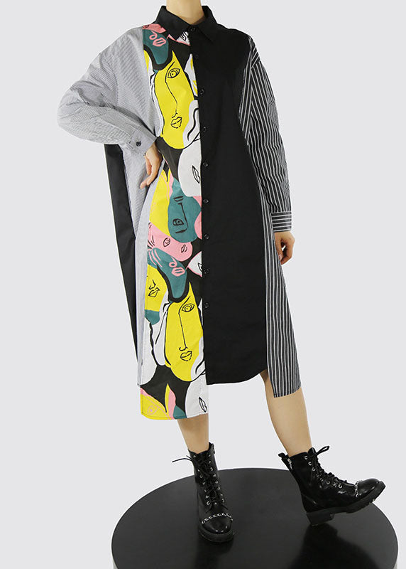 Black Asymmetrical Design Peter Pan Collar Print Patchwork Shirt Dress Spring