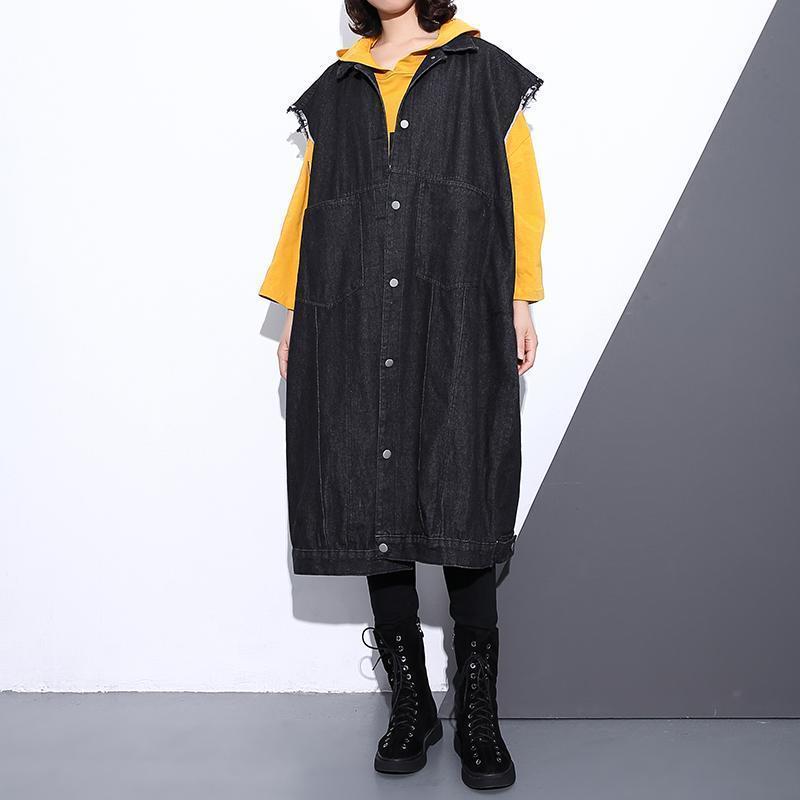 Black Coat Loose Fitting Lapel Coats Fine Pockets Sleeveless Coat