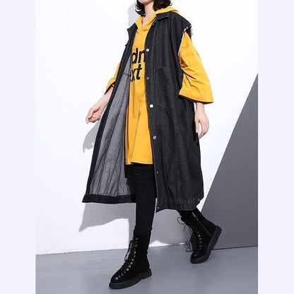 Black Coat Loose Fitting Lapel Coats Fine Pockets Sleeveless Coat