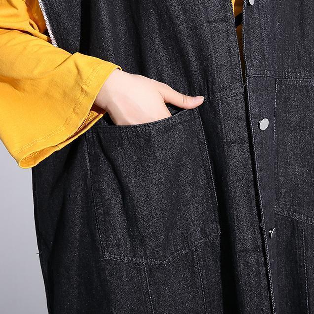 Black Coat Loose Fitting Lapel Coats Fine Pockets Sleeveless Coat