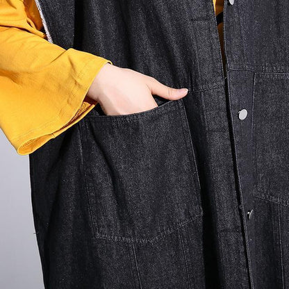 Black Coat Loose Fitting Lapel Coats Fine Pockets Sleeveless Coat