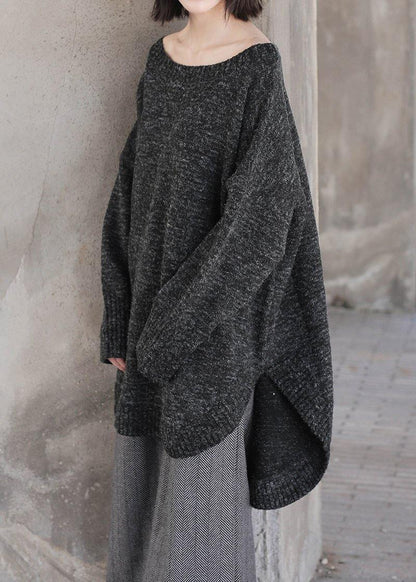Black Knit Sweat Tops Oversized O Neck Low High Design Knitted Top