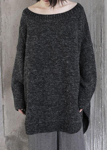Black Knit Sweat Tops Oversized O Neck Low High Design Knitted Top