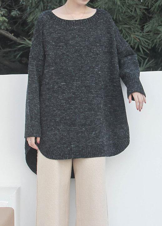 Black Knit Sweat Tops Oversized O Neck Low High Design Knitted Top