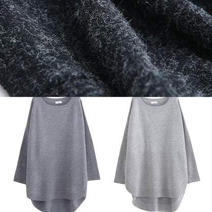 Black Knit Sweat Tops Oversized O Neck Low High Design Knitted Top