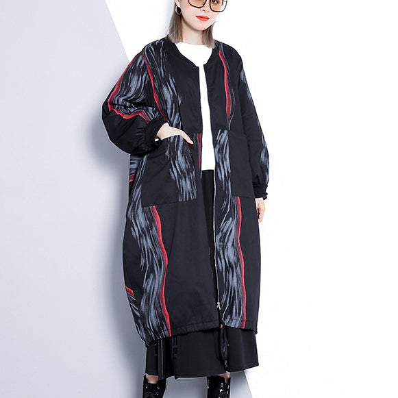 Black Print Coat Oversized Stand Collar Cardigans Cinched Baggy Coats