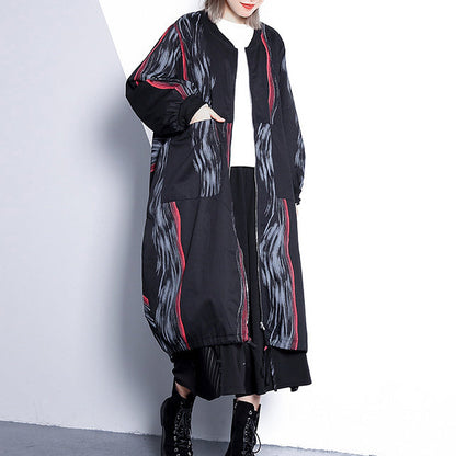 Black Print Coat Oversized Stand Collar Cardigans Cinched Baggy Coats