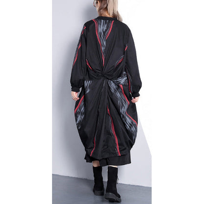 Black Print Coat Oversized Stand Collar Cardigans Cinched Baggy Coats