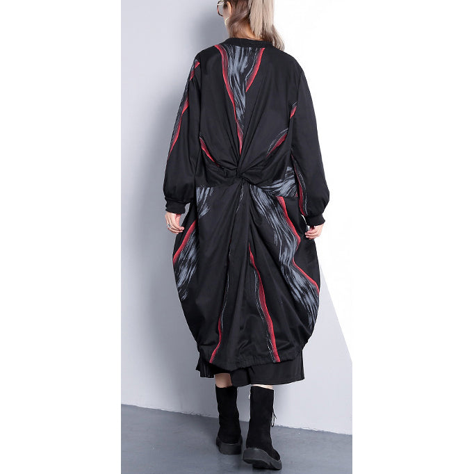 Black Print Coat Oversized Stand Collar Cardigans Cinched Baggy Coats