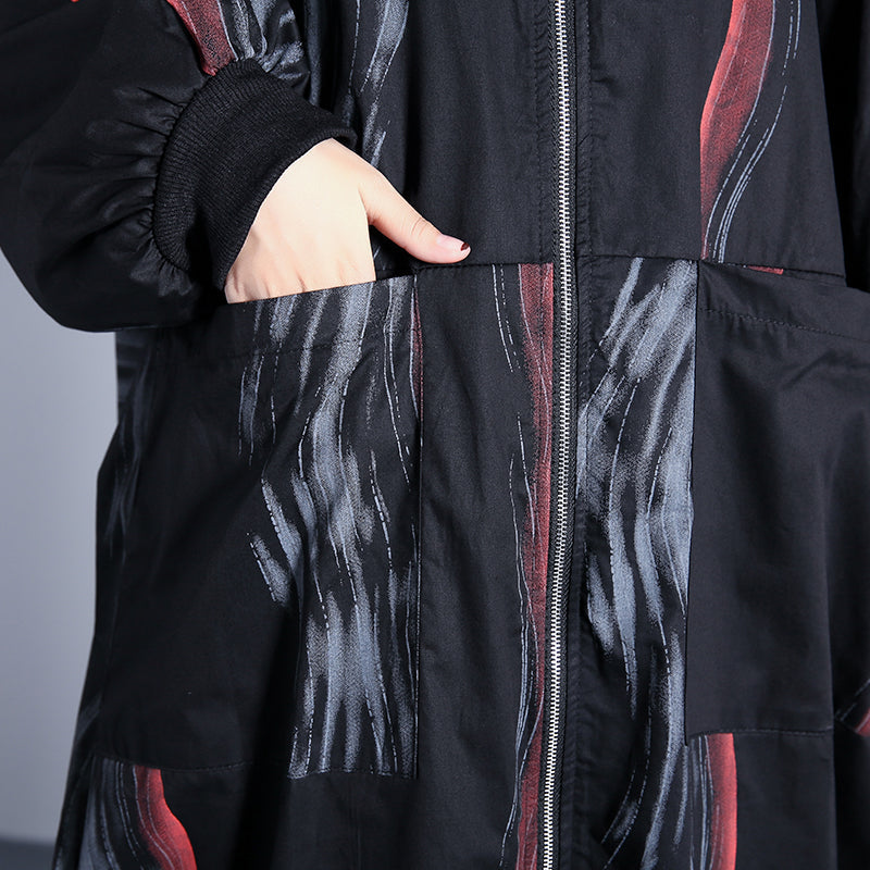 Black Print Coat Oversized Stand Collar Cardigans Cinched Baggy Coats