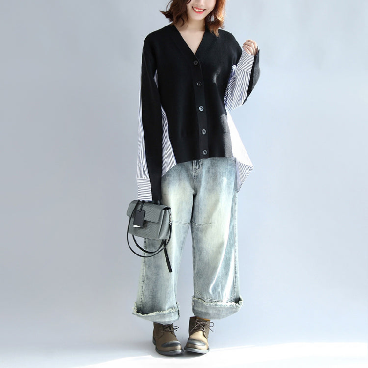 Black Striped Cotton Patchwork Sweater Tops Long Sleeve Sweater Cardigan