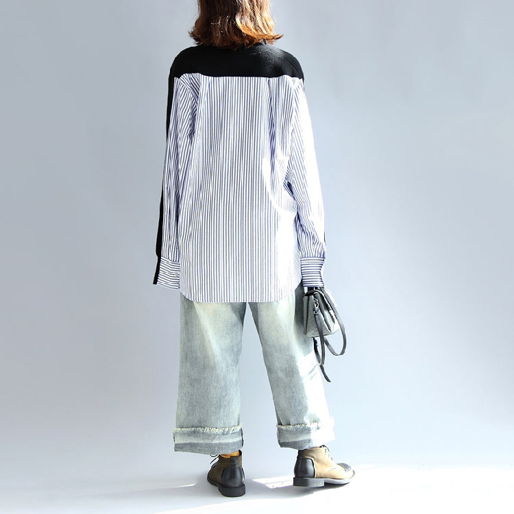 Black Striped Cotton Patchwork Sweater Tops Long Sleeve Sweater Cardigan