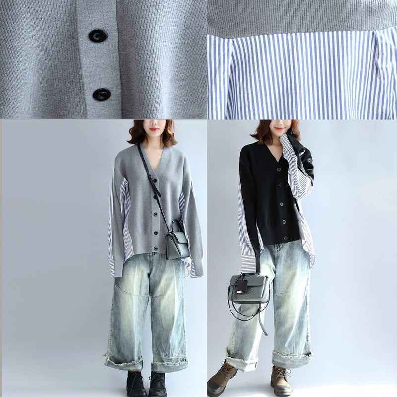 Black Striped Cotton Patchwork Sweater Tops Long Sleeve Sweater Cardigan