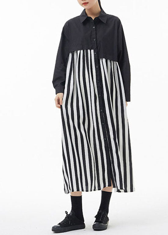 Black White Striped Peter Pan Collar Patchwork Shirt Dresses Spring