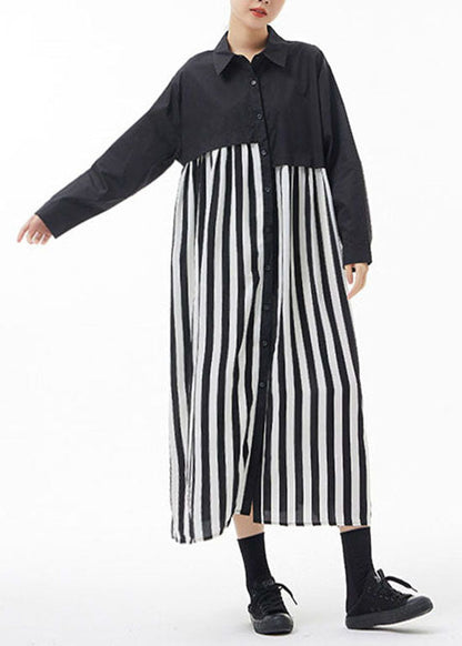 Black White Striped Peter Pan Collar Patchwork Shirt Dresses Spring