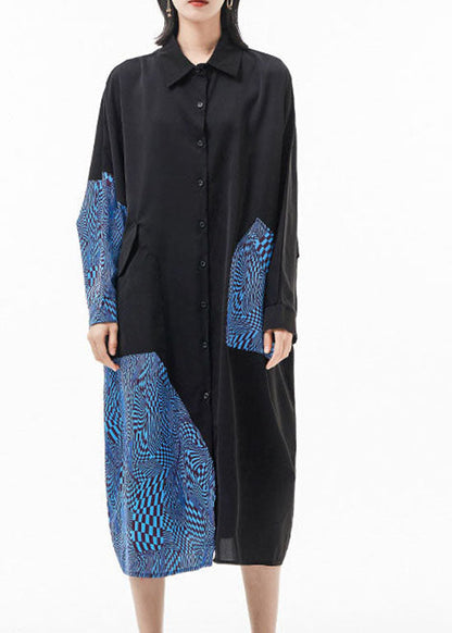 Blue Peter Pan Collar Batwing Sleeve Patchwork Silk Shirt Dresses