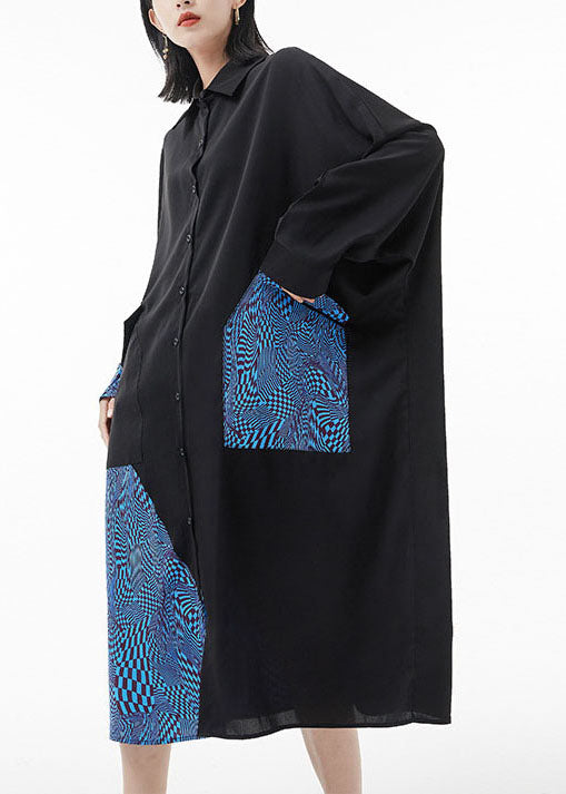 Blue Peter Pan Collar Batwing Sleeve Patchwork Silk Shirt Dresses