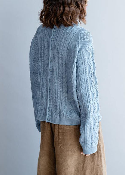 Blue Knit Tops High Neck Button Down Knit Sweat Tops