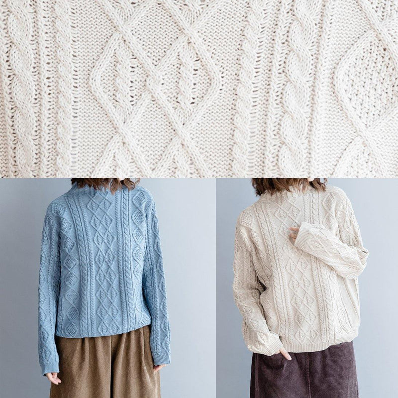 Blue Knit Tops High Neck Button Down Knit Sweat Tops