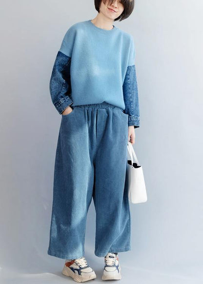 Blue Knitted Pullover Patchwork Sleeve O Neck Knit Tops