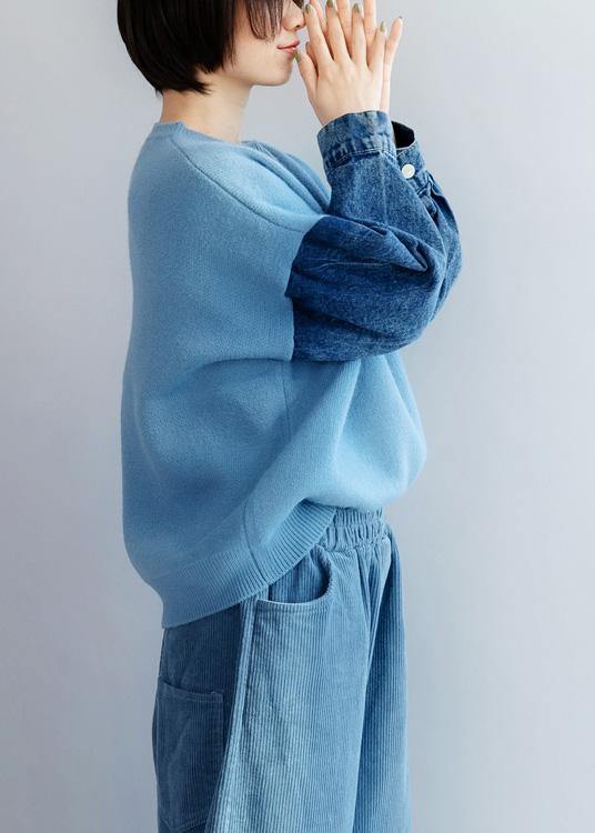 Blue Knitted Pullover Patchwork Sleeve O Neck Knit Tops