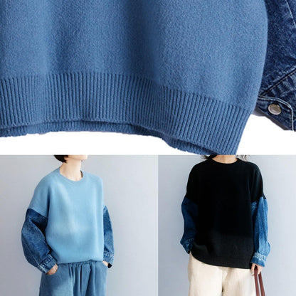 Blue Knitted Pullover Patchwork Sleeve O Neck Knit Tops
