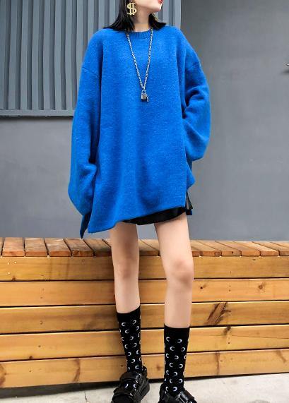 Blue Knitted Pullover Clothing Winter Knit Tops Side Open