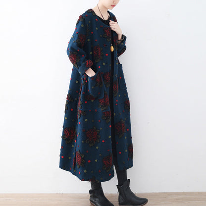 Blue Long Coat Plussize Cardigans Jacquard Long Coat