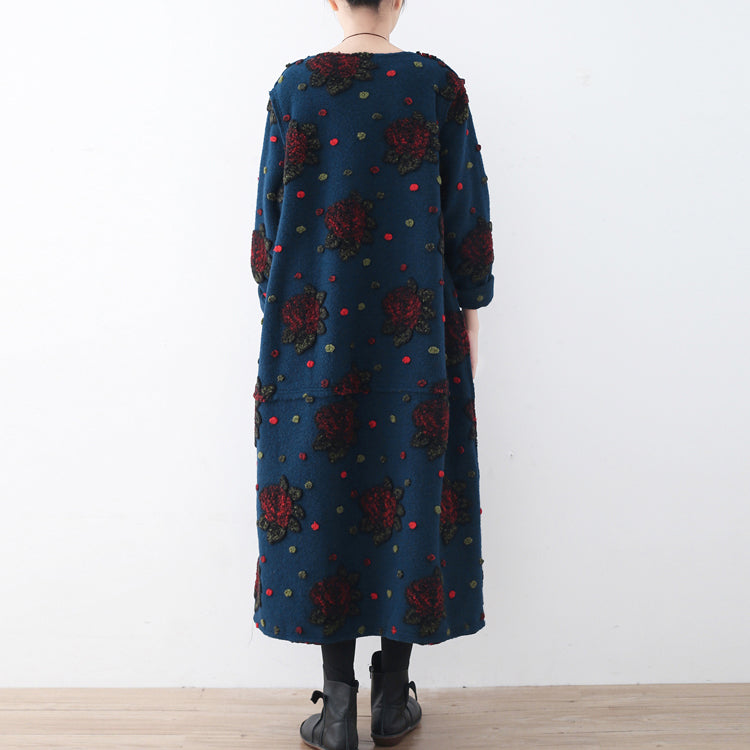 Blue Long Coat Plussize Cardigans Jacquard Long Coat