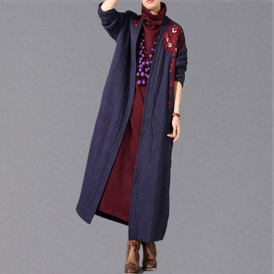Blue Maxi Coat Oversized Embroidery Baggy Trench Coat New Side Open Coat