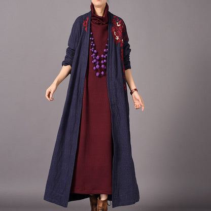 Blue Maxi Coat Oversized Embroidery Baggy Trench Coat New Side Open Coat