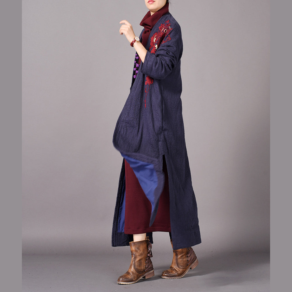 Blue Maxi Coat Oversized Embroidery Baggy Trench Coat New Side Open Coat