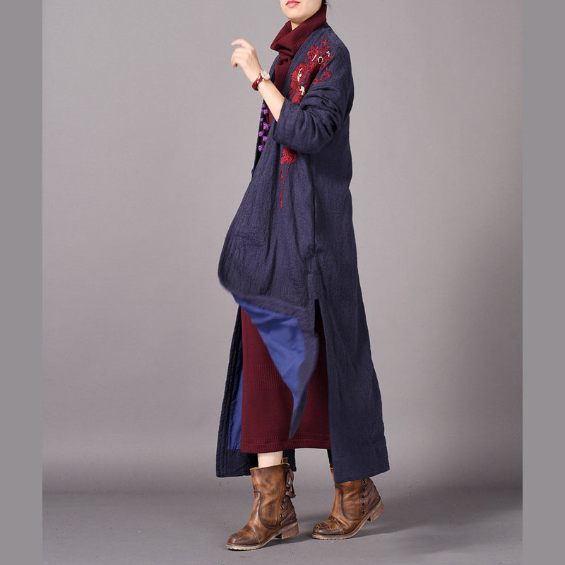 Blue Maxi Coat Oversized Embroidery Baggy Trench Coat New Side Open Coat