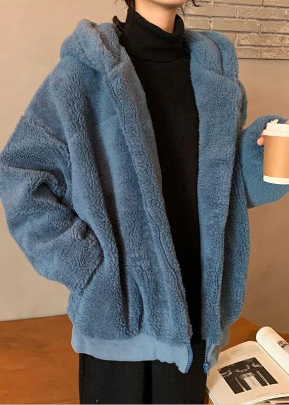 Blue Woolen Overcoat Loose Fitting Mid-length Coats Hooded Winter Outwear