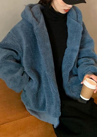 Blue Woolen Overcoat Loose Fitting Mid-length Coats Hooded Winter Outwear