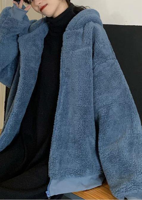 Blue Woolen Overcoat Loose Fitting Mid-length Coats Hooded Winter Outwear