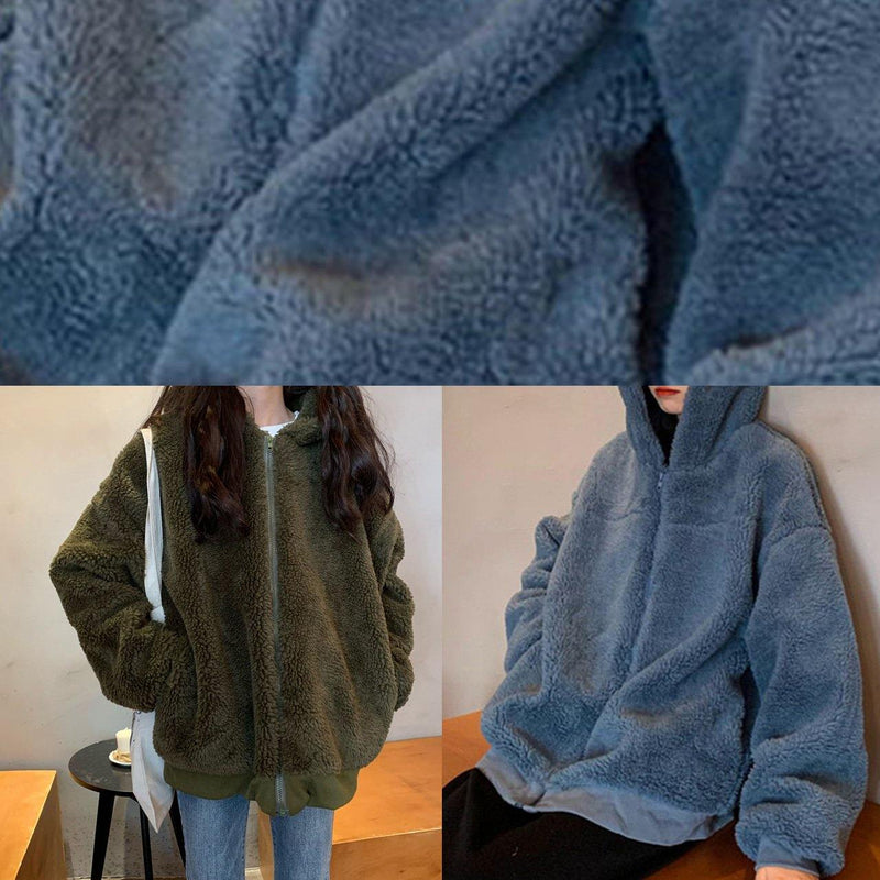 Blue Woolen Overcoat Loose Fitting Mid-length Coats Hooded Winter Outwear